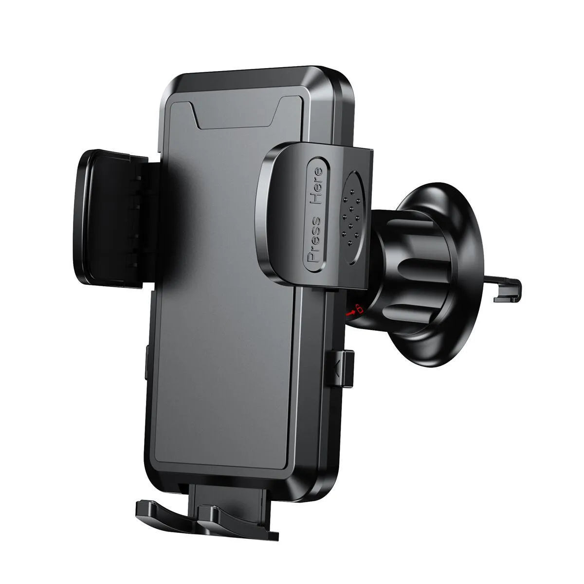 Car phone holder clipped onto a vehicle air conditioning vent, available in black, carbon fibre black, or grey plastic