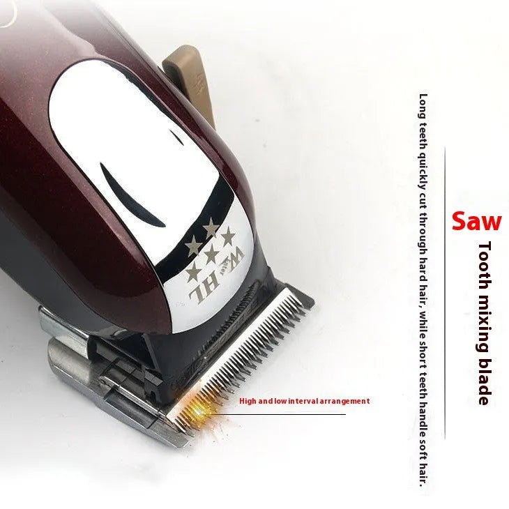 Charging cordless hair clippers set with stainless steel cutter head on a white background
