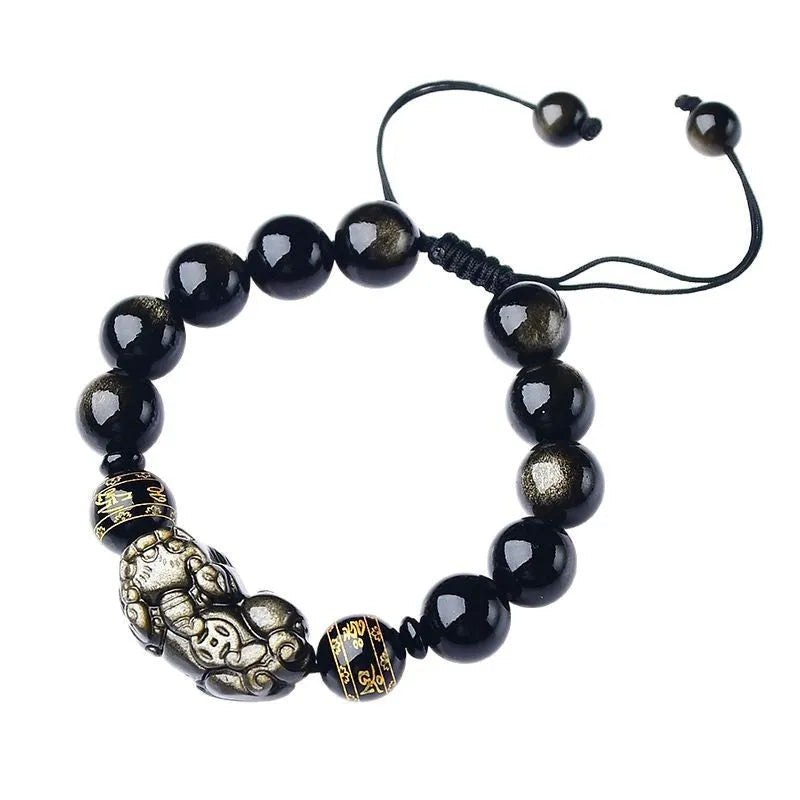 Golden obsidian Pi Xiu bracelet with hand-woven beads in Chinese animal zodiac style
