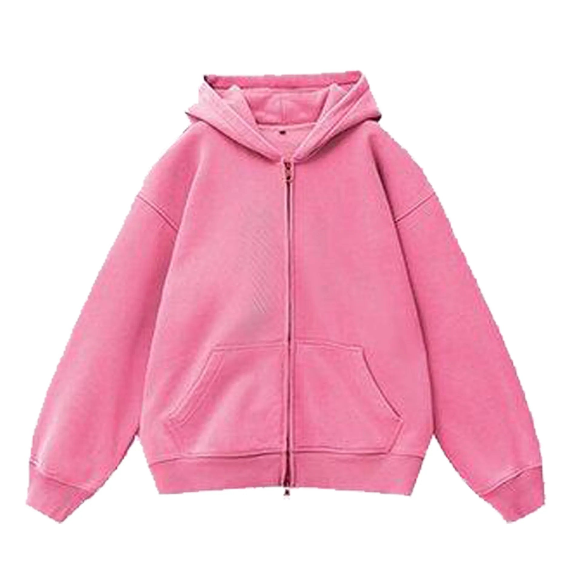 A women's loose-fit hooded cardigan sweater in a distressed colour, showing patch pockets and drop-shoulder sleeves.