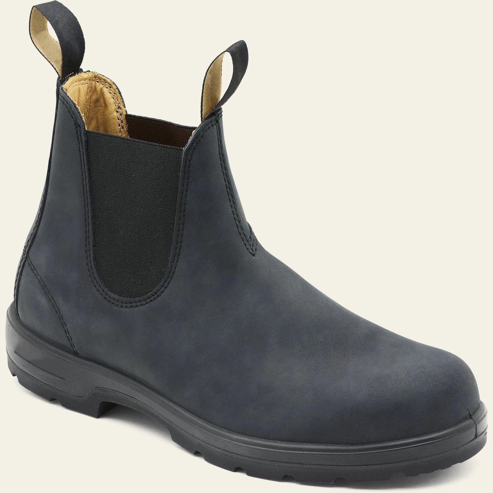 Brown vintage unisex Chelsea boot with car suture stitching and a round toe.
