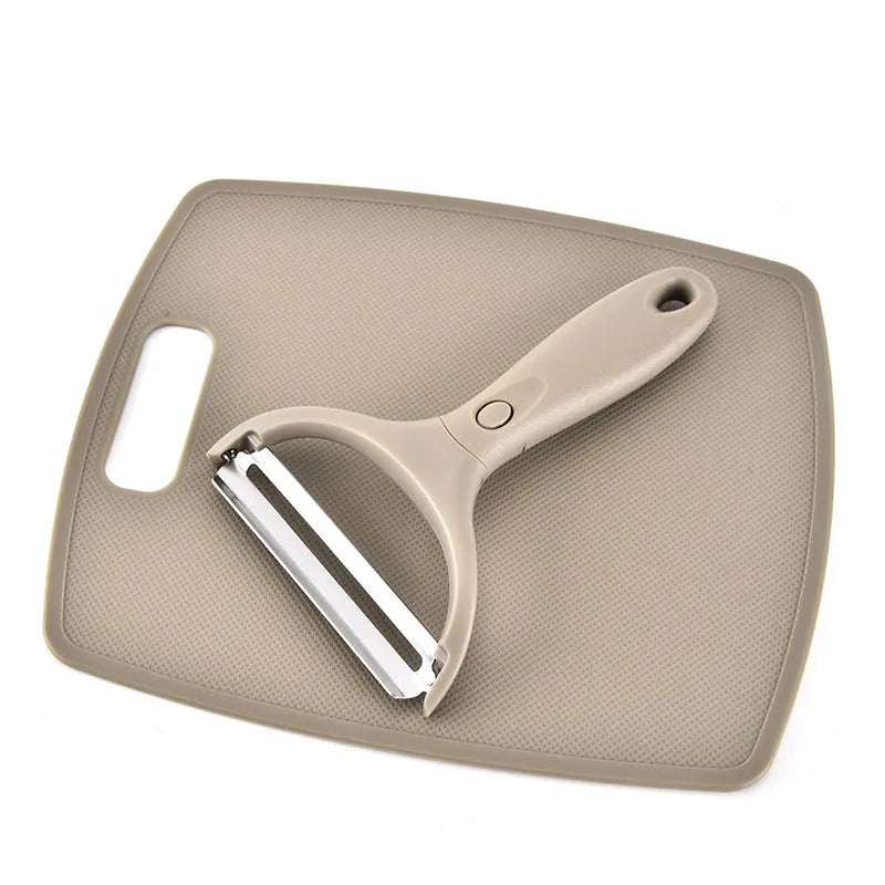 Three-piece stainless steel kitchen cutter set with wheat straw chopping board, fruit knife, and peeler