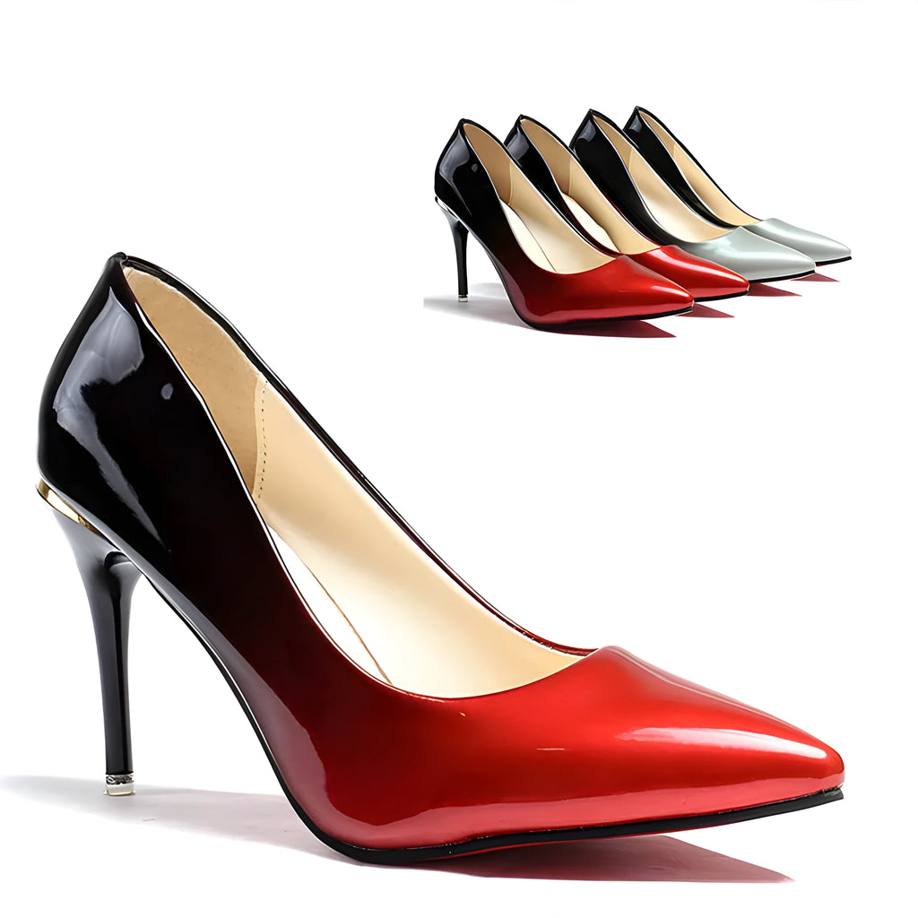 Gradient high heels with pointed toe, leather stitching, rubber sole and leather lining, in grey or red