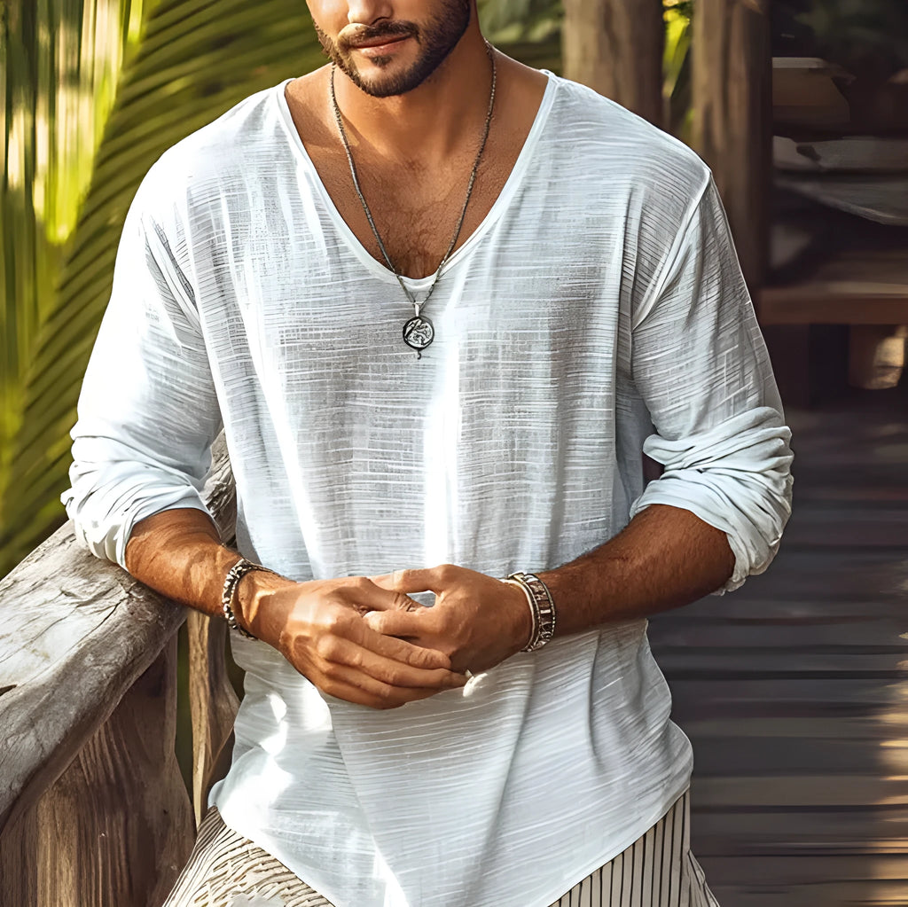 Beige V-neck slim fit long-sleeved t-shirt on hanger showing front view