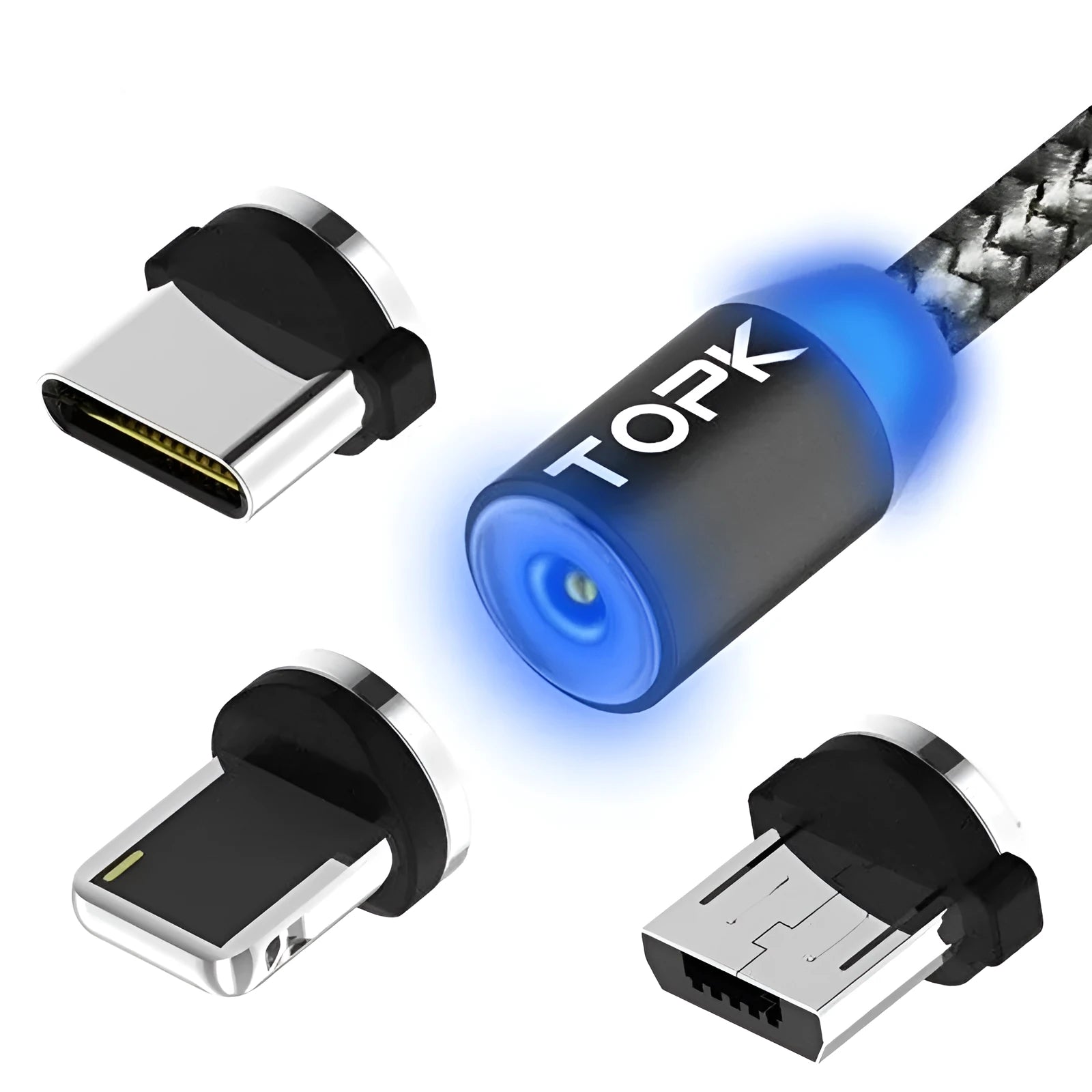 Magnetic charging cable with three adapter tips for Android, Apple and Type-C phones on a table.