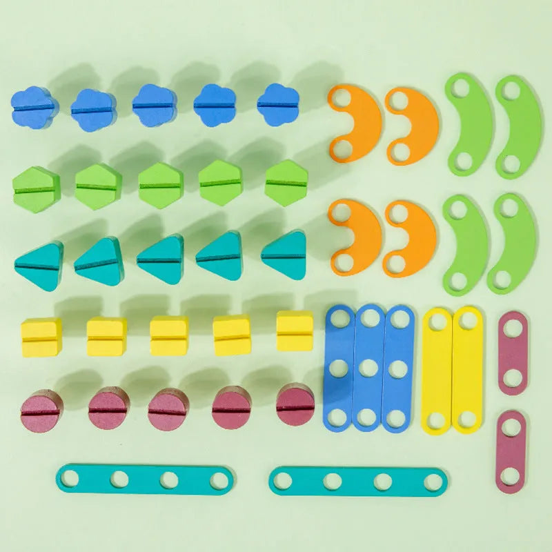 Children twist screws changeable shape matching wooden puzzle in colourful design