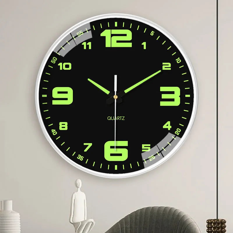 Modern white 8 inch wall clock with luminous numerals on plastic shell
