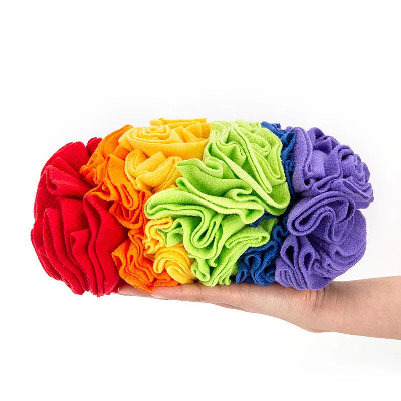 Dog snuffle pad in polar fleece fabric, 25 x 15cm puzzle training mat in Rainbow or Sunset colour