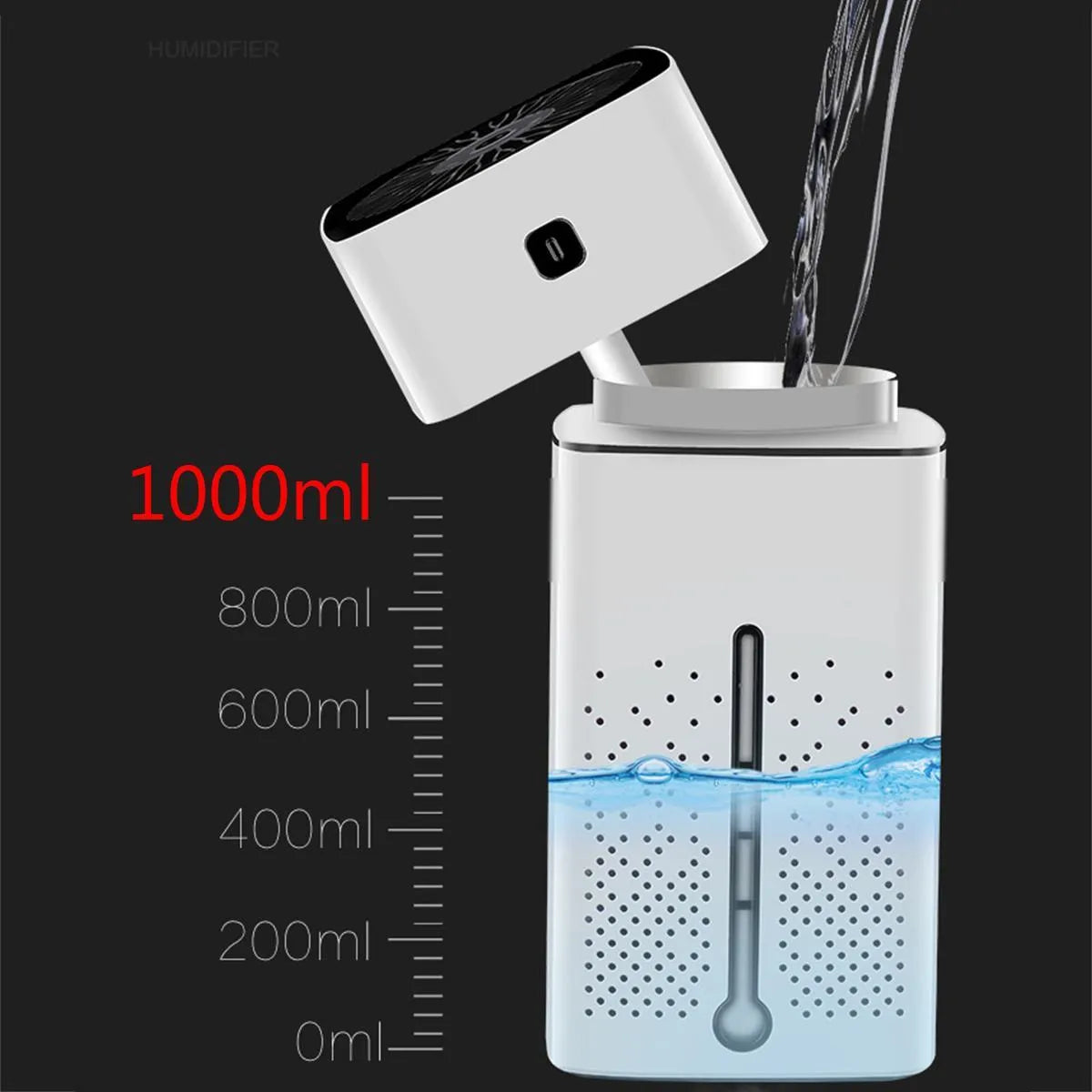 A compact black or white desktop humidifier with USB cable, standing 218mm tall on a wooden desk.