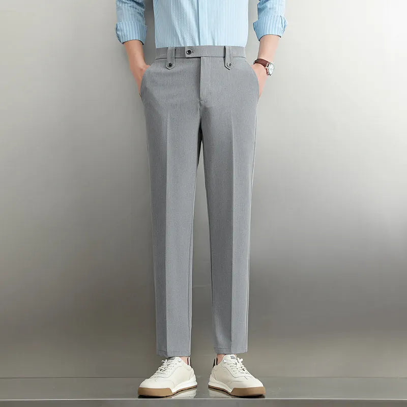 Men's loose straight business trousers in SF28 black elastic polyester fabric, front view