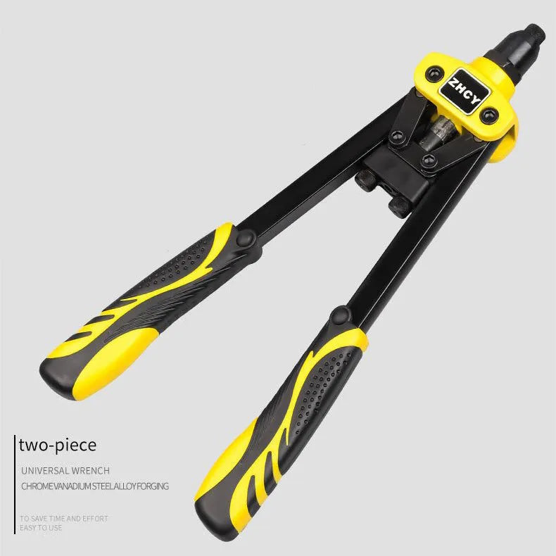 Yellow 13-inch manual rivet gun with three built-in tips for household metal fastening
