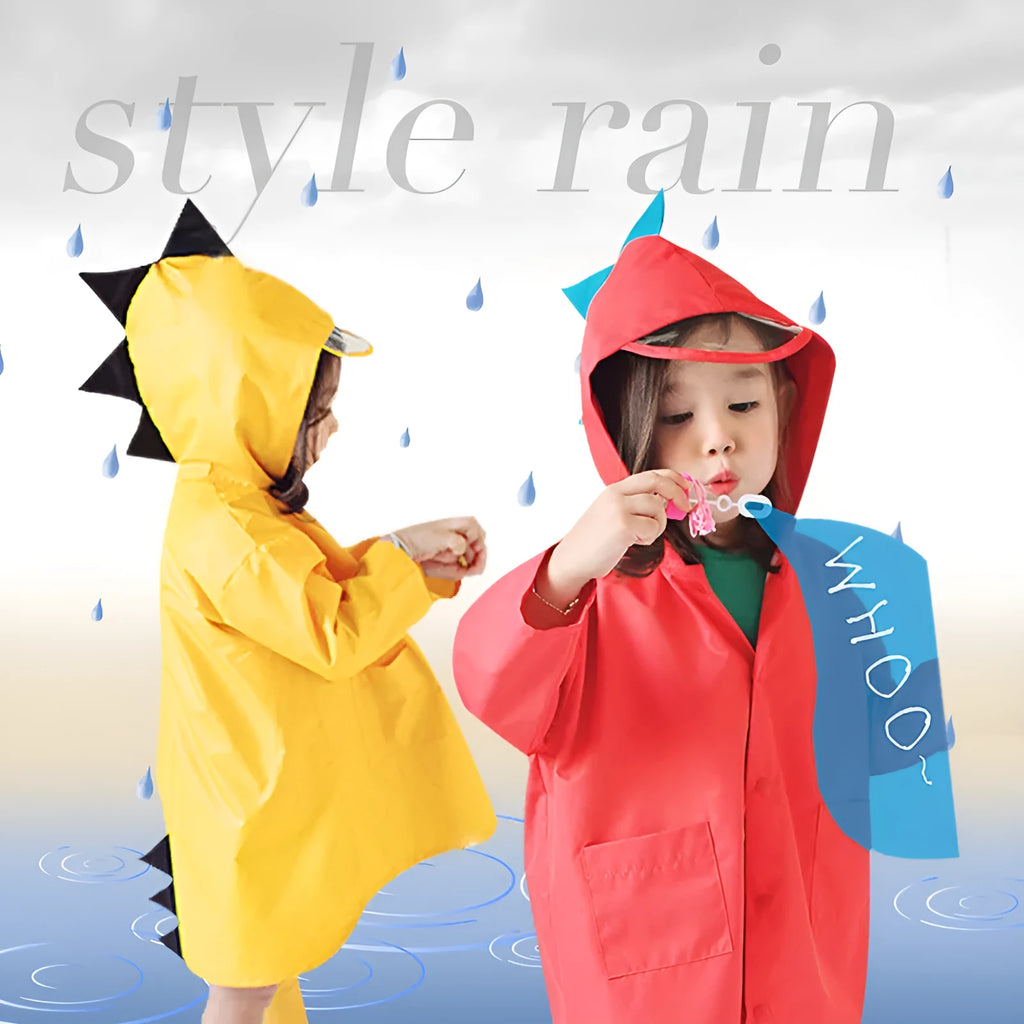 Kids dinosaur raincoat red yellow hooded trench coat waterproof sizes S to 3XL
