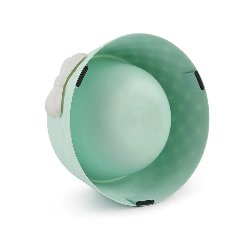 Bow cat bowl and dog bowl in PP plastic, shown in pink, green and grey colour options for pet feeding.