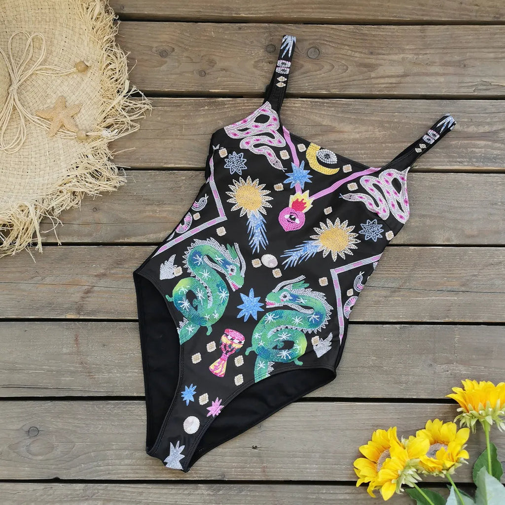 Backless print one-piece swimsuit for women, polyester swimwear with dragon snake flowers print on black background, sizes S M L