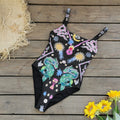 Backless print one-piece swimsuit for women, polyester swimwear with dragon snake flowers print on black background, sizes S M L