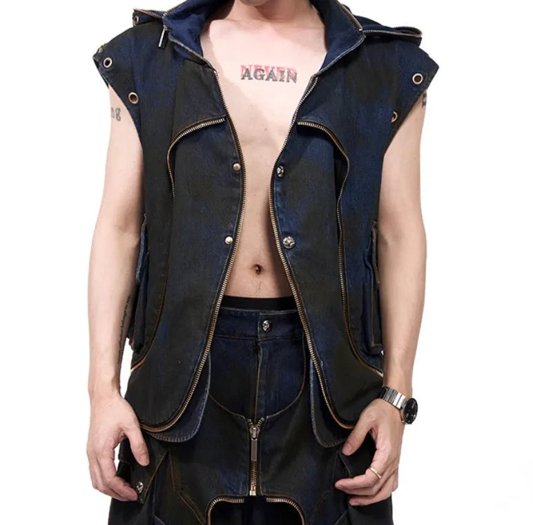 Blue hooded denim vest with front zipper and matching trousers, Korean style deconstructed design