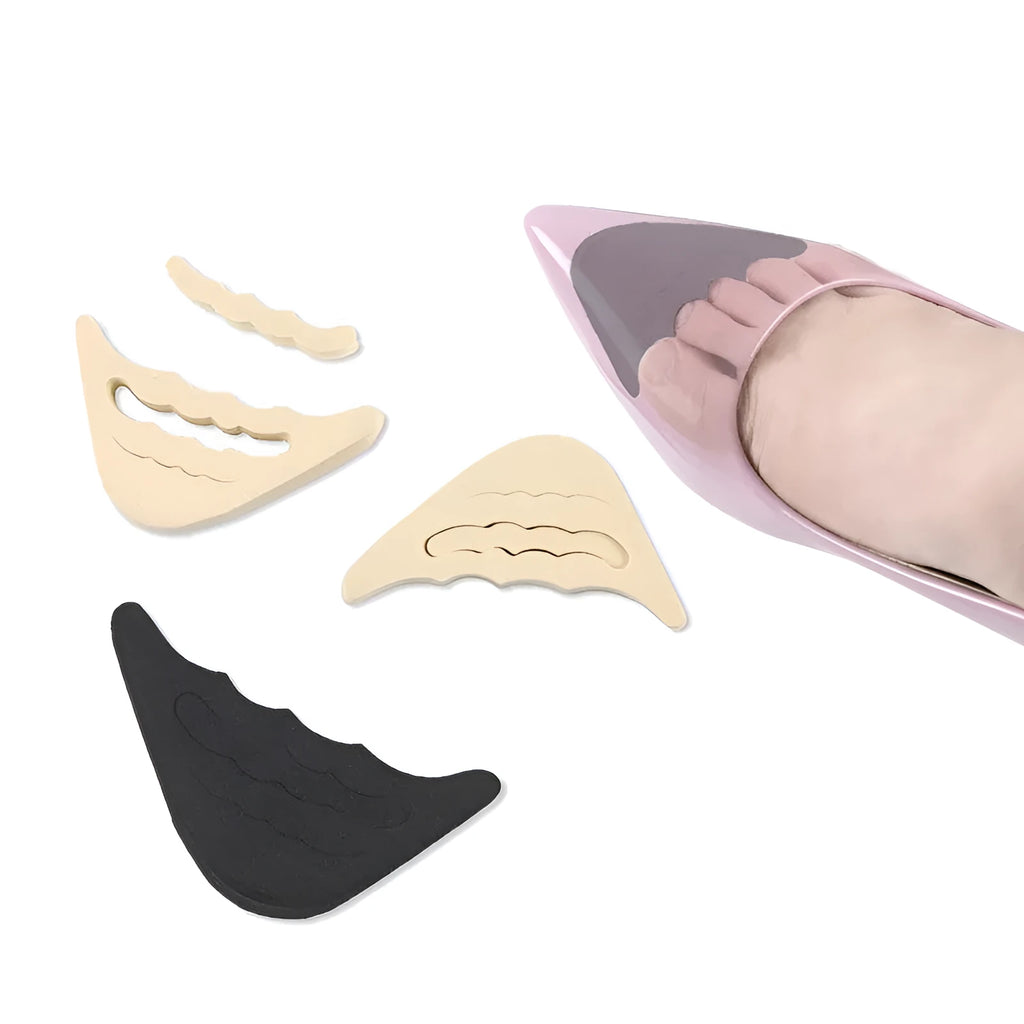 Beige EVA toe anti-slip pad with contoured shape for loose shoes, measuring 6.5 cm by 3 cm by 1.5 cm