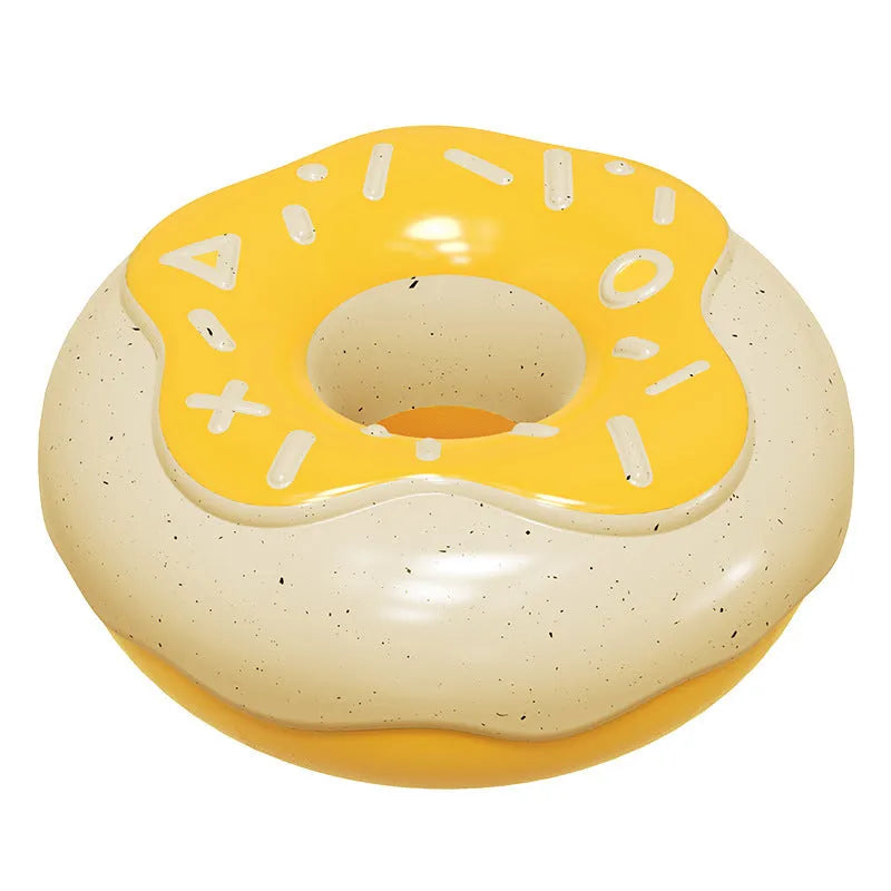 Pink, yellow, and chocolate TPR squeaky donut dog toy for teeth cleaning.