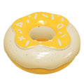 Pink, yellow, and chocolate TPR squeaky donut dog toy for teeth cleaning.