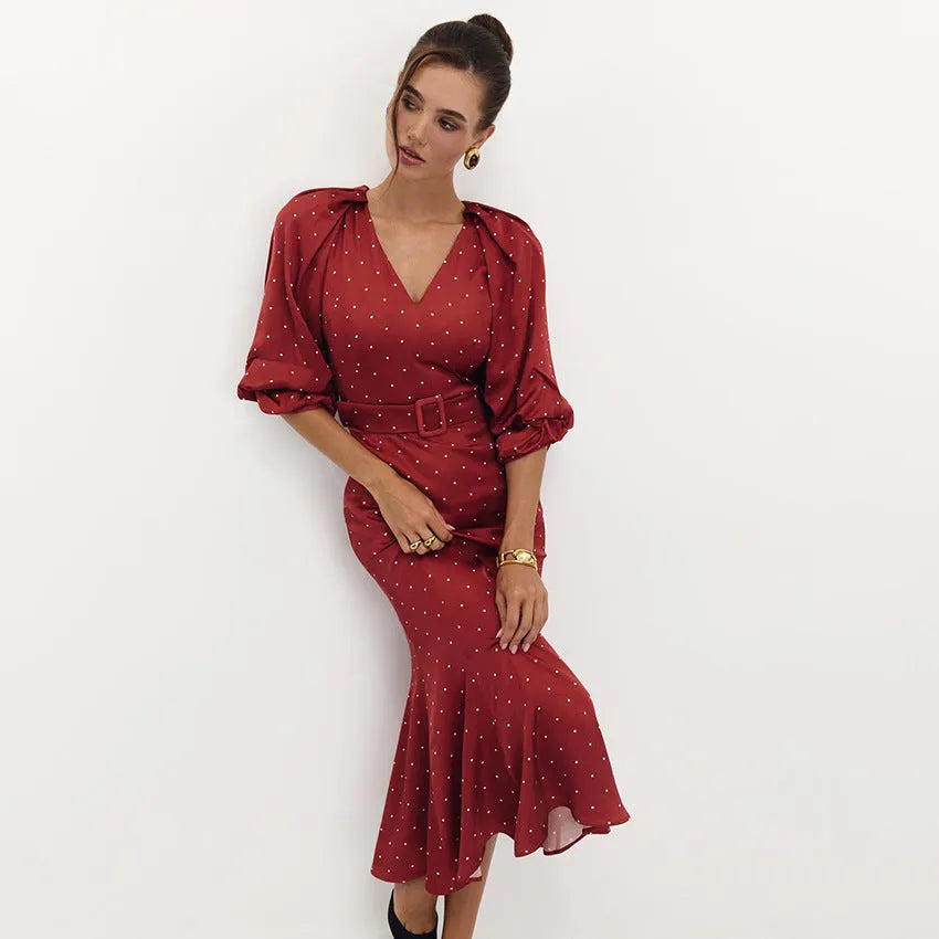 French style polka dot satin dress with V-neck, long fishtail skirt, and shirt sleeves in print pattern