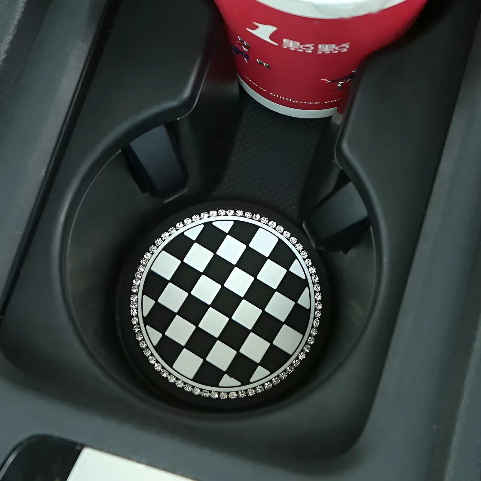 Plastic car cup holder mat with non-slip base in checkerboard pattern for interior protection