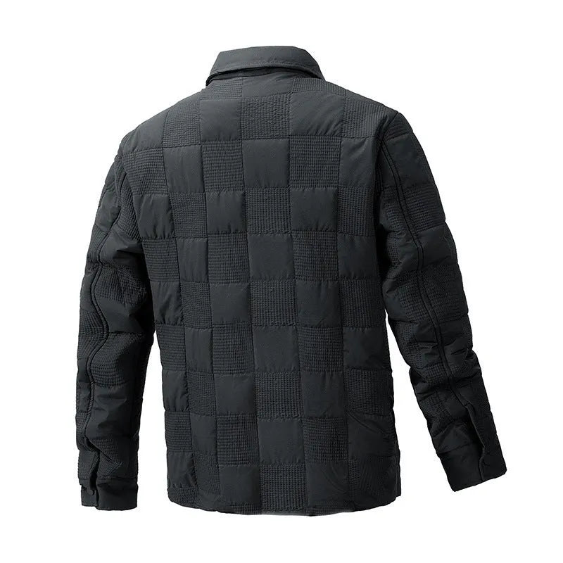 Men's quilted cotton jacket with polo collar in army green colour showing wool lining detail