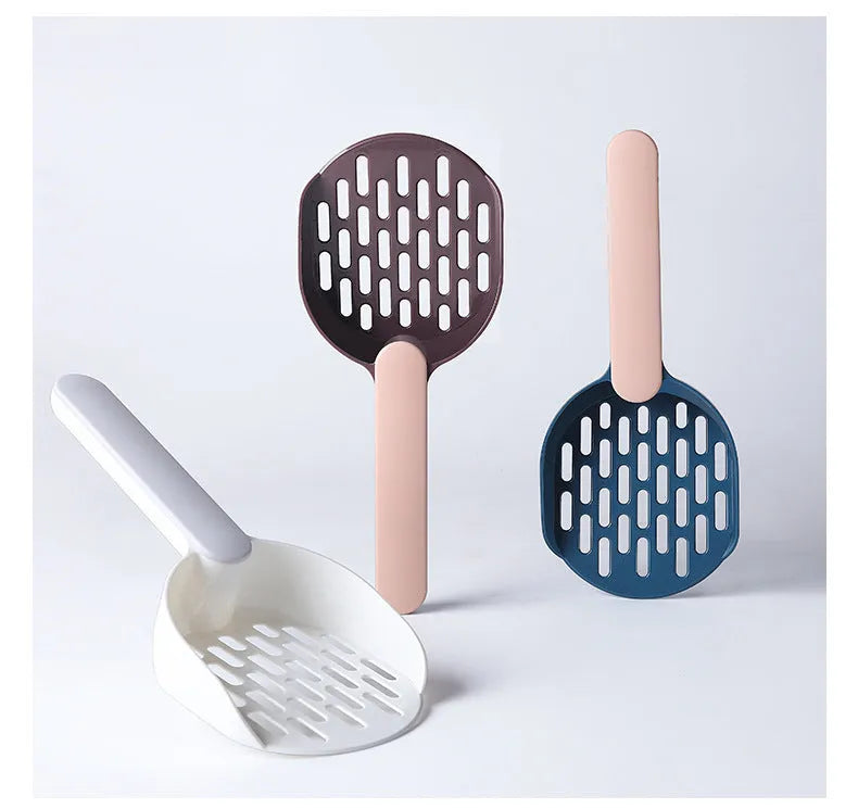 Plastic cat litter shovel with fine mesh sieve in blue, green, or pink colours