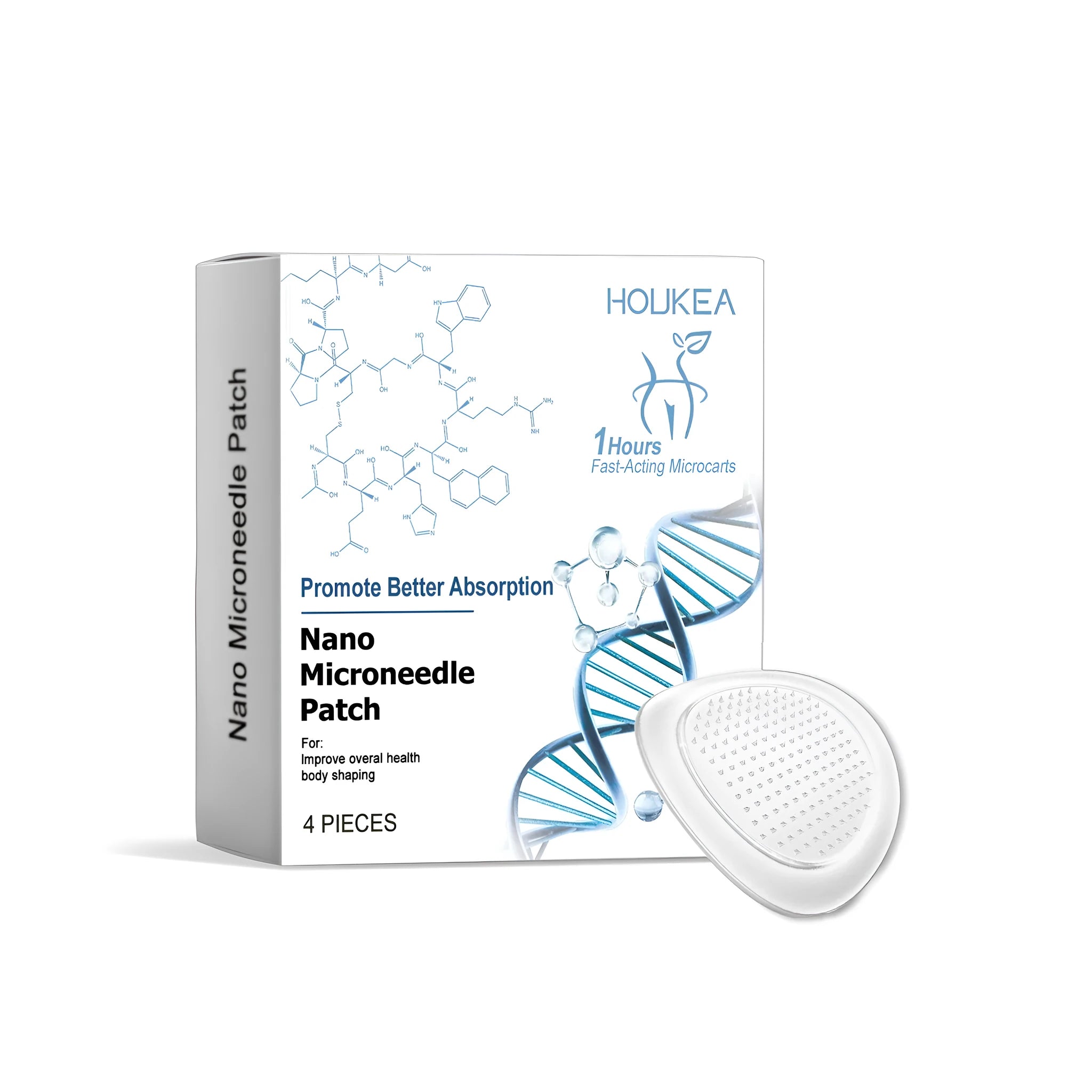 A sealed pack containing four individual nano microneedle cosmetic patches on a white background.