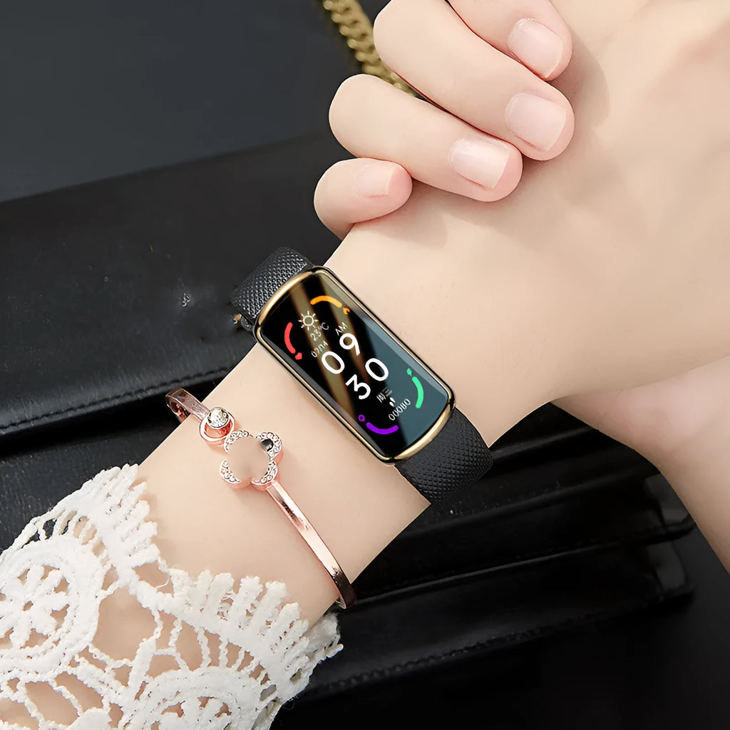 Fashion sports electronic watch with black metal frame and TPU strap showing 0.96 inch IPS colour screen