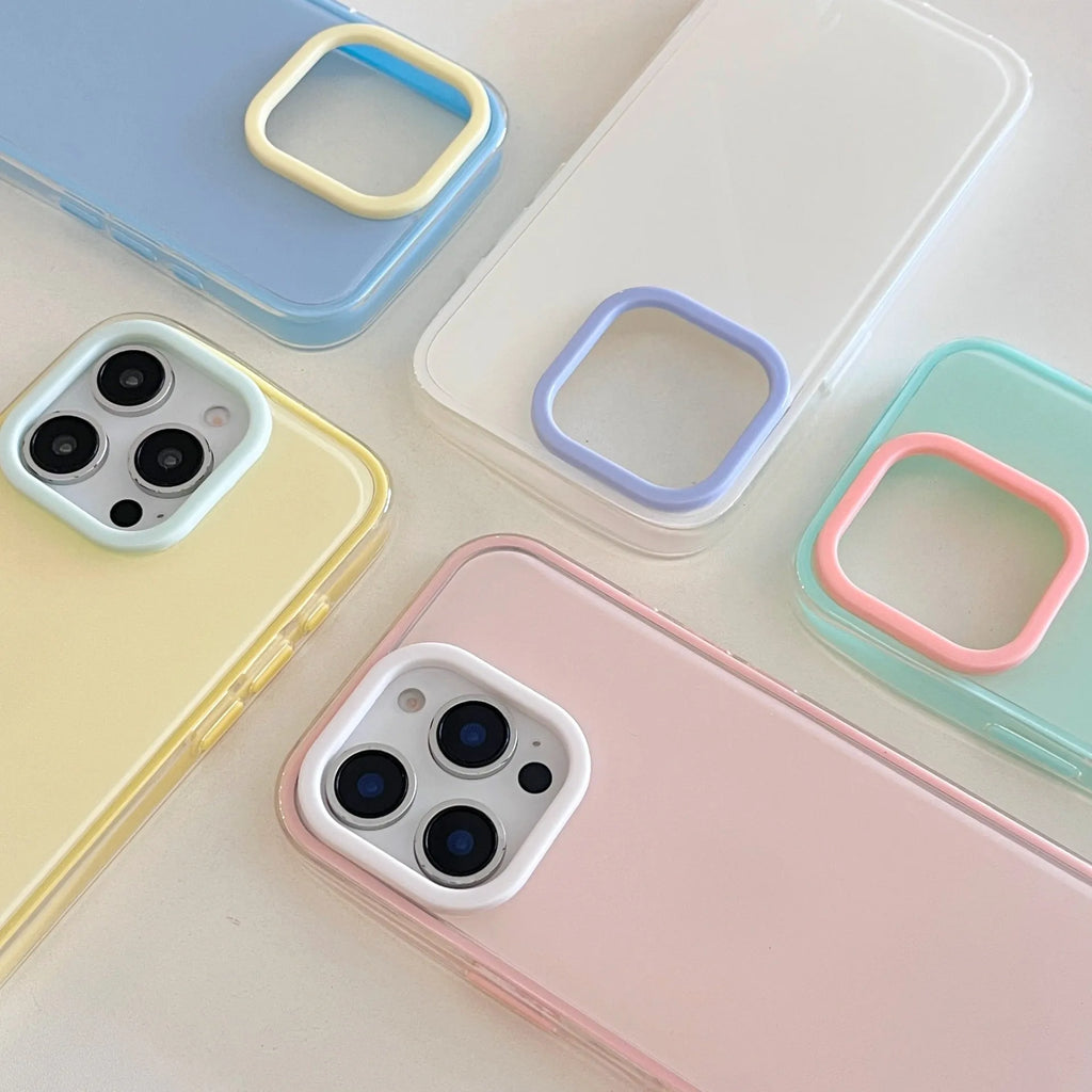 Solid colour transparent TPU jelly phone case for iPhone showing yellow, white, blue, pink, and green options