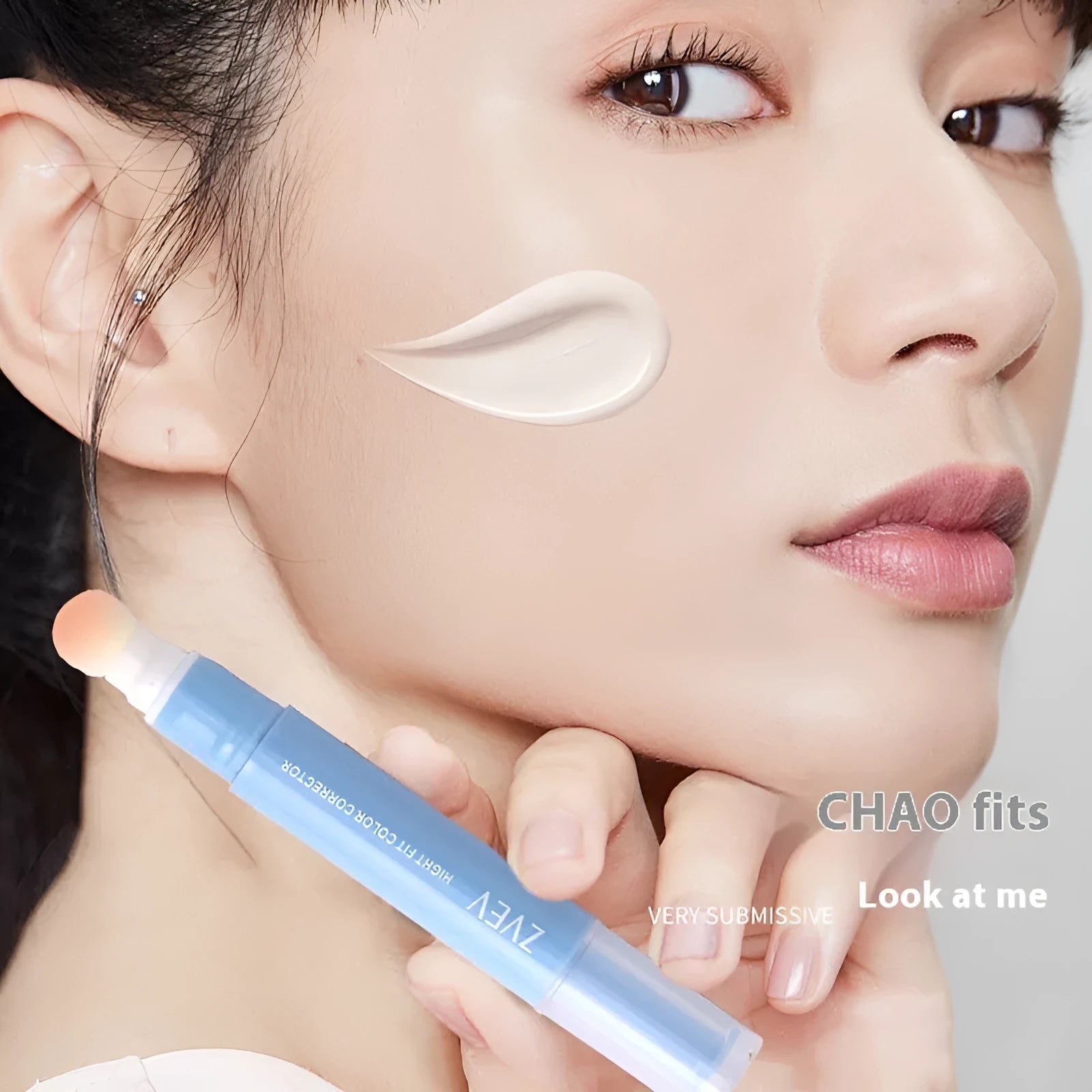 Concealer cream pen with sponge brush applicator showing three colour shade options