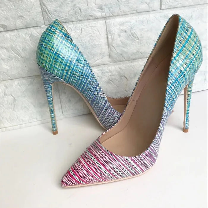 Pink to blue gradient patent leather ladies high heel shoe with pointed toe on a white background