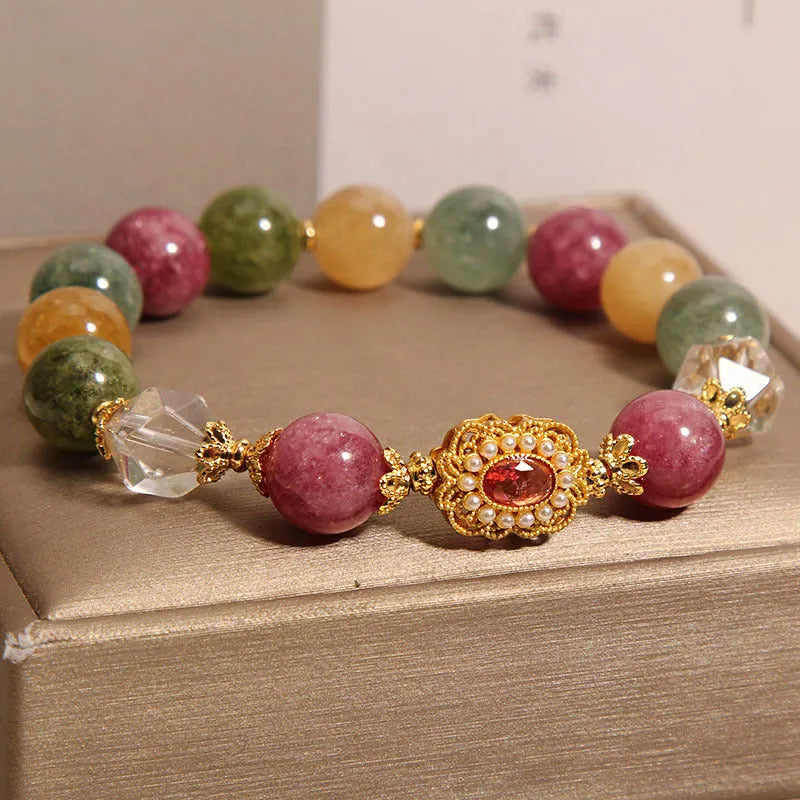 Jade colour tourmaline bracelet for women with round beads and rhinestone accents on alloy base