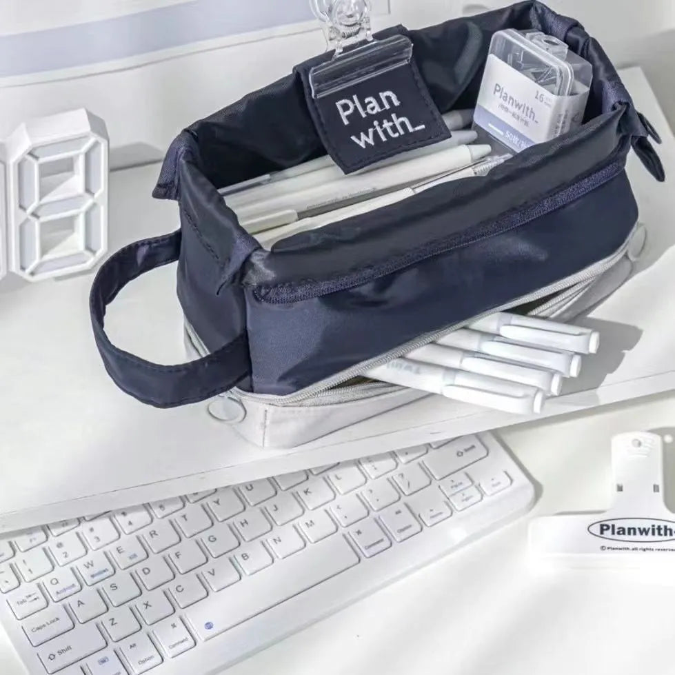 Polyester folding double layer pencil case with distribution compartments in blue colour