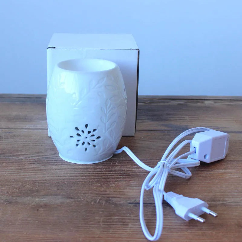 White porcelain ceramic aroma lamp with glazed pavilion pattern, incense burner and hanging ornament in EU and UK sizes.