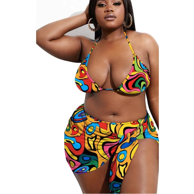 Women's three-piece bikini set with nylon top, bottom, and skirt in sizes XL to XXXXL