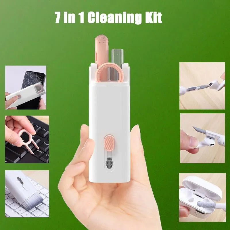 White electronic cleaning kit with cleaning pen, brush, keycap puller and spray bottle for laptops and earbuds