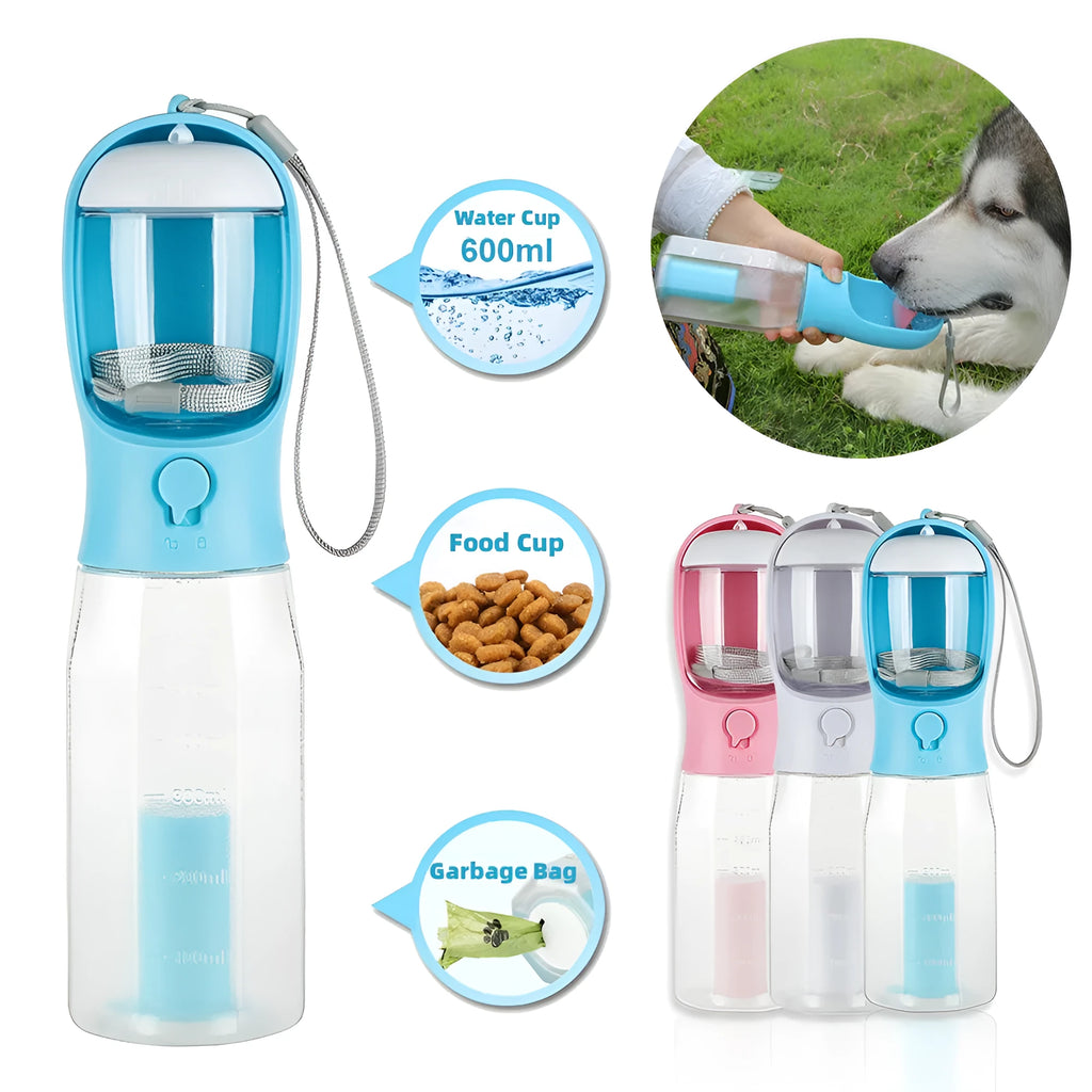Portable 3-in-1 pet water bottle with 600ml capacity, leak-proof drinker, and poop dispenser in pink
