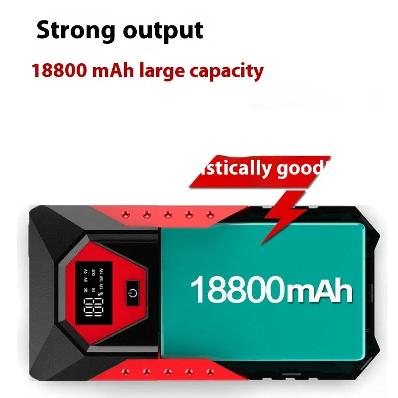 Red 12V car emergency start power bank with 18800mAh capacity and battery clamps