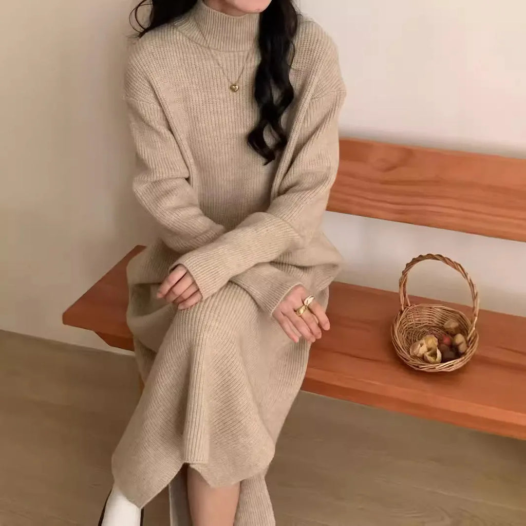 Women's acrylic half turtleneck knitted dress in graphite colour with long sleeves and mid-length hem