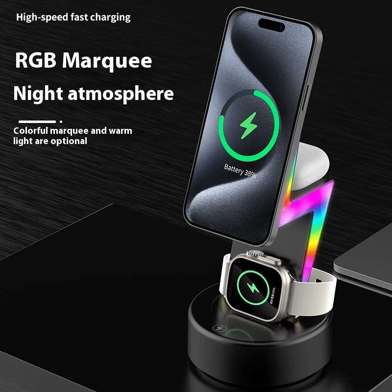 Lightning three-in-one wireless charger in white or black for mobile phone, watch and headset with fast charge and 15 maximum output power