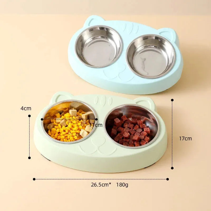 Blue plastic double bowl pet feeding tray for cats and dogs with food and water compartments