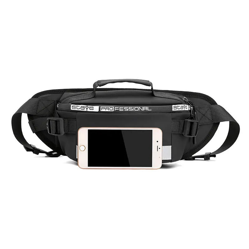 Reflective men's crossbody waist bag in black, small horizontal square shape with zipper closure and nylon waterproof finish