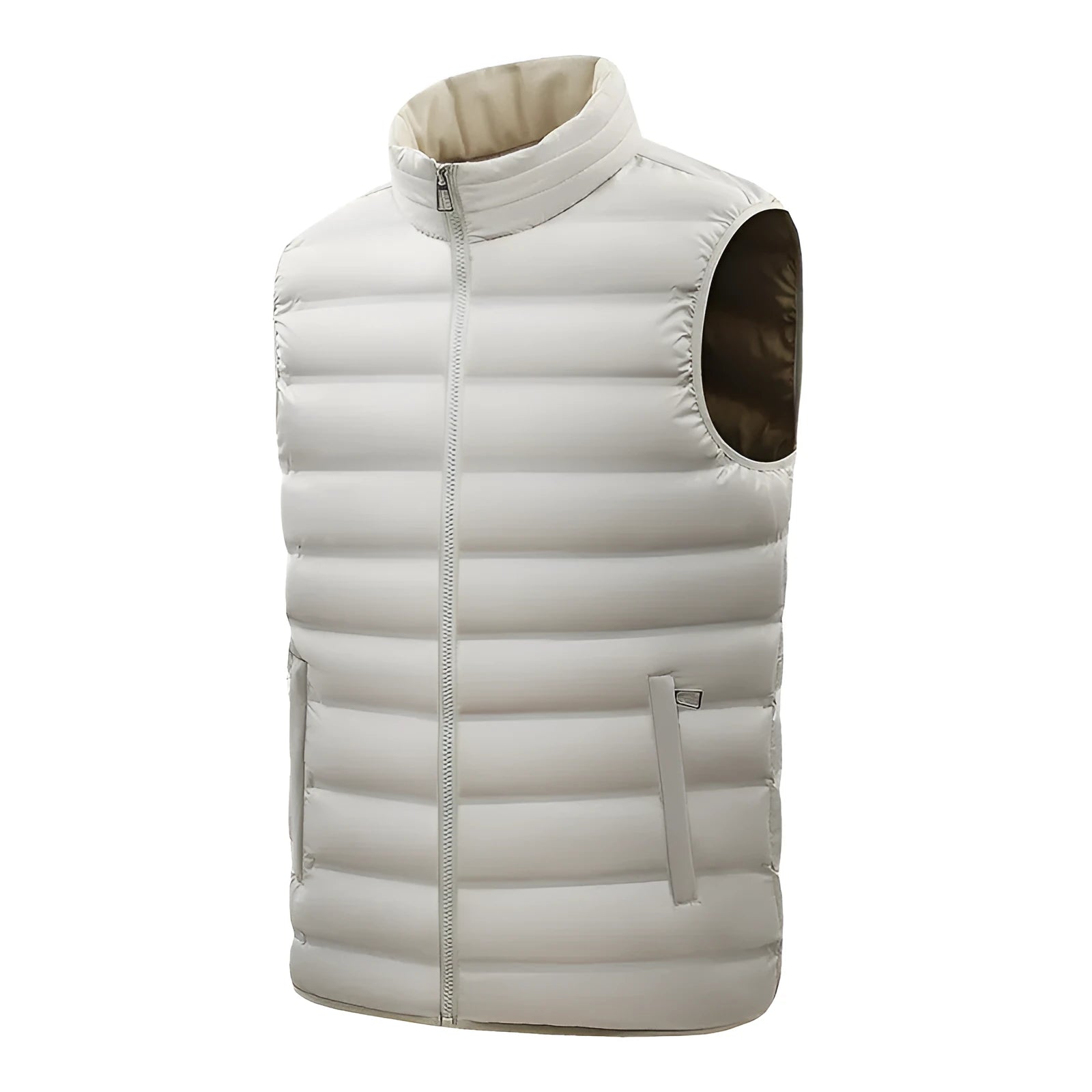 Men's thin cotton-padded vest with stand-up collar, zipper pockets, straight hem, available in black and other colours