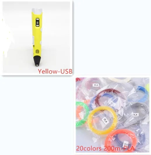 Yellow 3D printing pen with 12 colour PLA filament spools and UK power adapter on a white background
