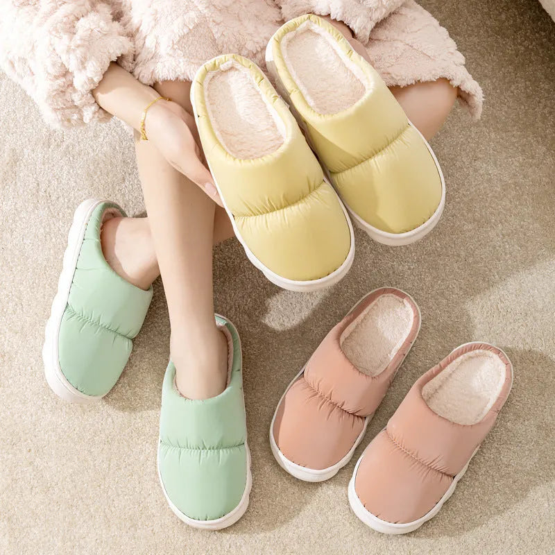 Artificial leather and rubber house slippers with thick sole and plush lining in blue, green, grey, pink or yellow