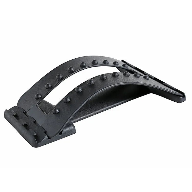Adjustable back massager and lumbar stretcher in black and colour options, showing massage points.