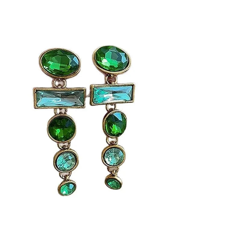 Pair of green gradient geometric alloy earrings with inlaid zircon stones and a dangling tassel.