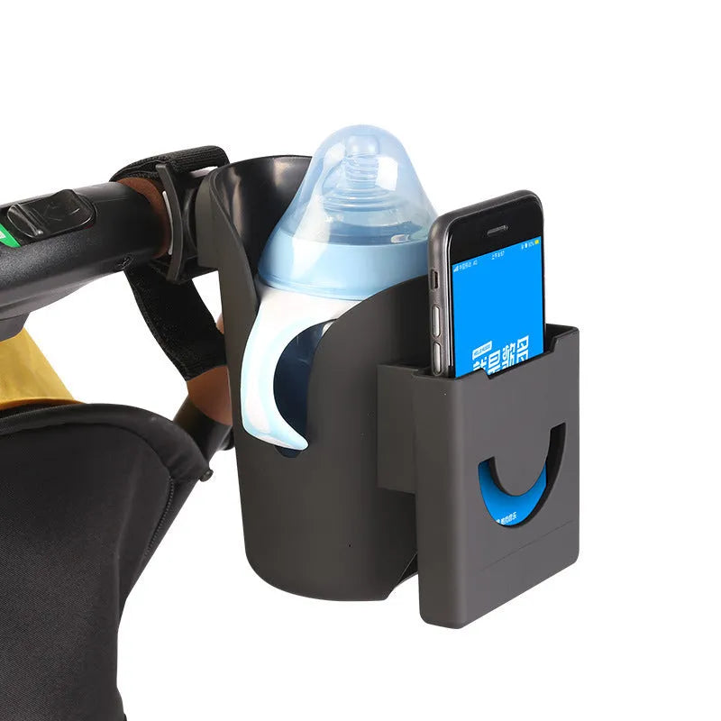 Black ABS cup holder and mobile phone stand set for pram or trolley, holding a cup and phone.