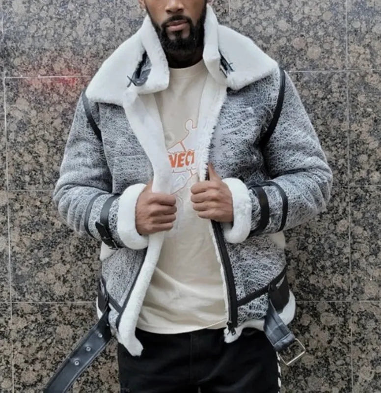 Men's grey polyester jacket with big fur collar, plus velvet thickening, loose fit, lapel collar and zip placket